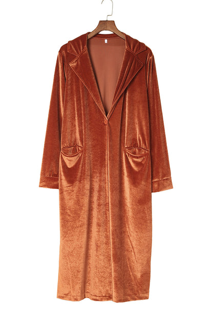 Brown Retro Velvet Long Sleeve Pocket Coat