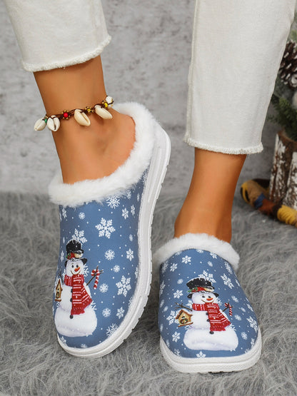 Snowman Print Flat Slippers with Faux Fur Blue