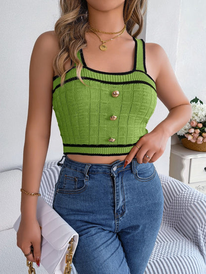 Decorative Button Wide Strap Knit Cami Green