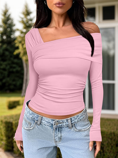 Ruched One Shoulder Long Sleeve T-Shirt Blush Pink