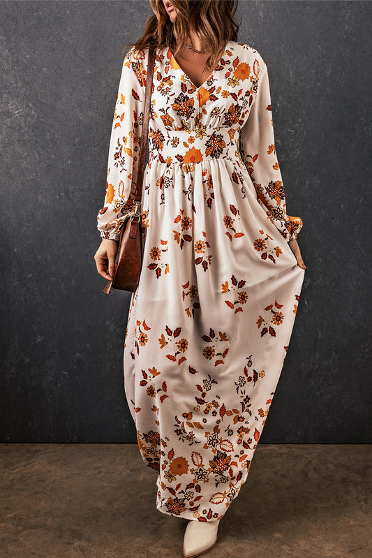 Floral V-Neck Long Sleeve Maxi Dress Floral