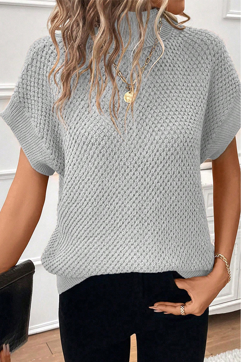 Turtleneck Short Sleeve Sweater Gray