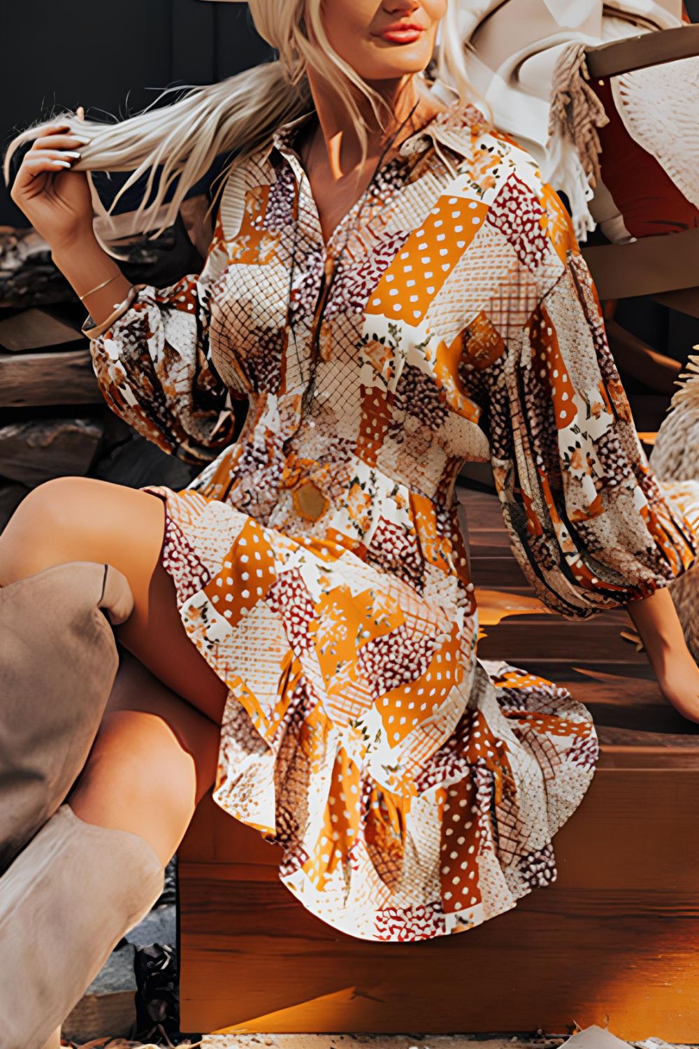 Printed Collared Neck Three-Quarter Sleeve Mini Shirt Dress Tangerine