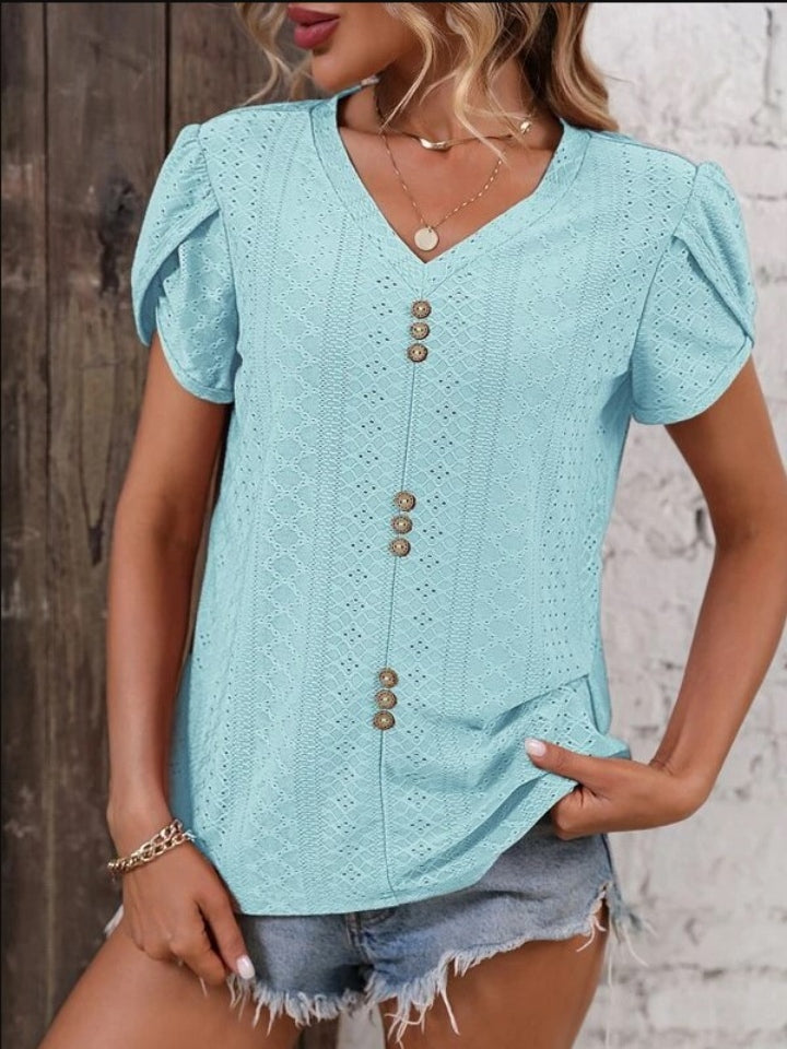 Eyelet V-Neck Petal Sleeve T-Shirt Aqua