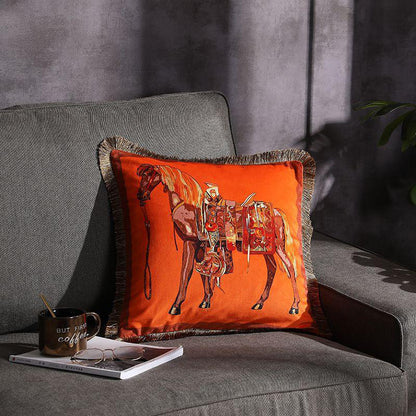 Double-sided Printed Fringe Pillow Sofa Cushion Dunhuang horse orange 45x45cm Excluding core