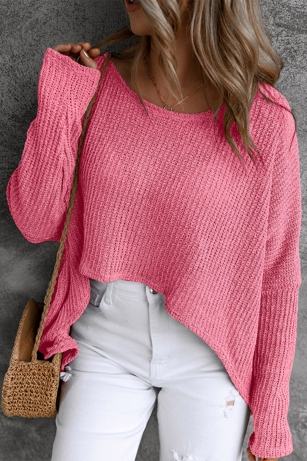 Round Neck High-Low Sweater Strawberry