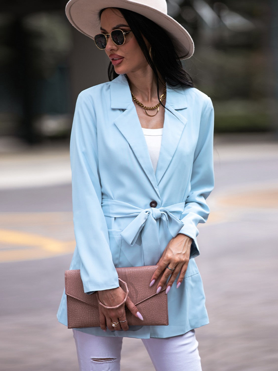 Tie Waist Long Sleeve Blazer - Thandynie