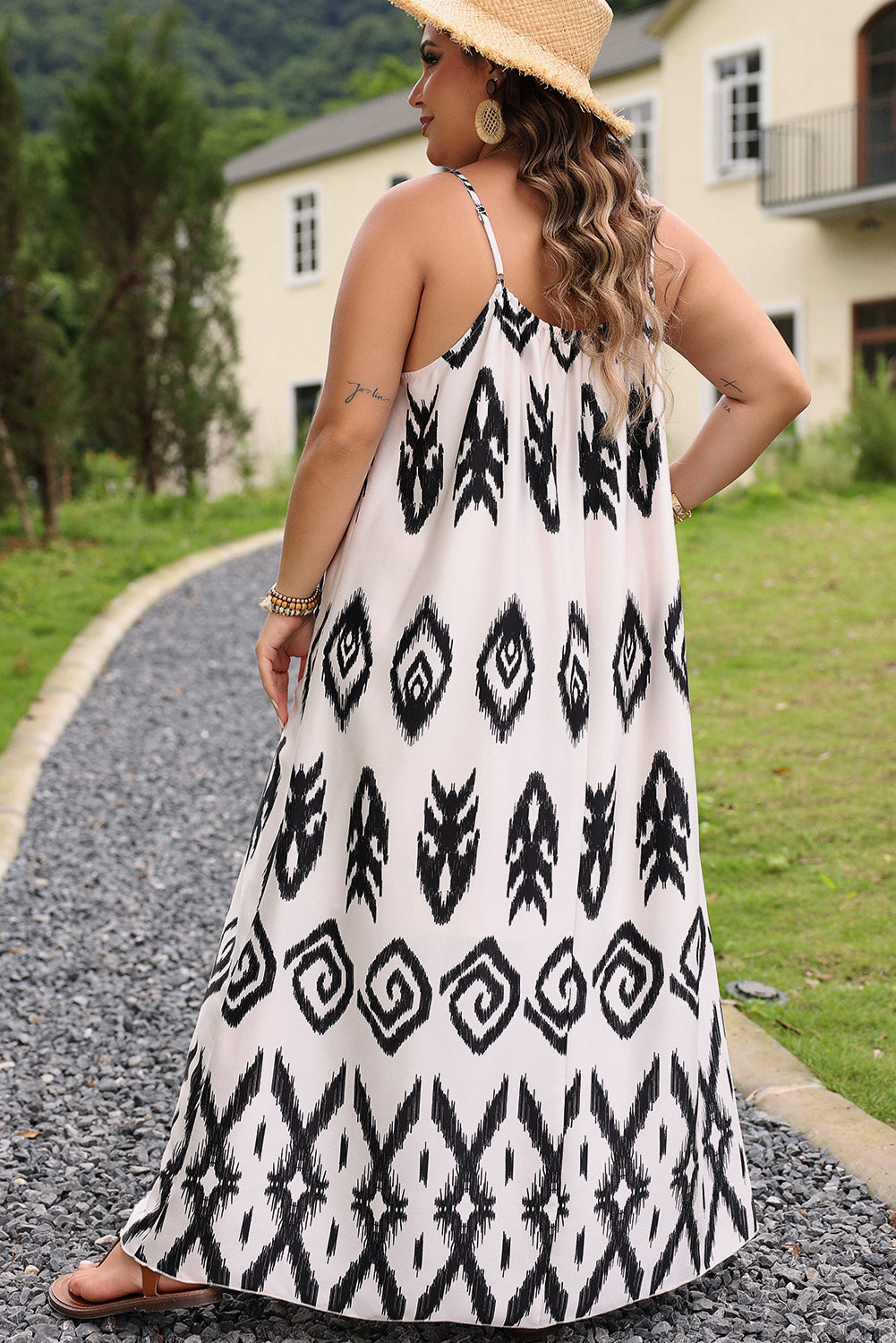 Black Plus Size Western Print Halter Maxi Dress - Aztec-Inspired, Flattering & Elegant