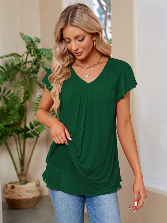 Ruched V-Neck Short Sleeve T-Shirt Dark Green