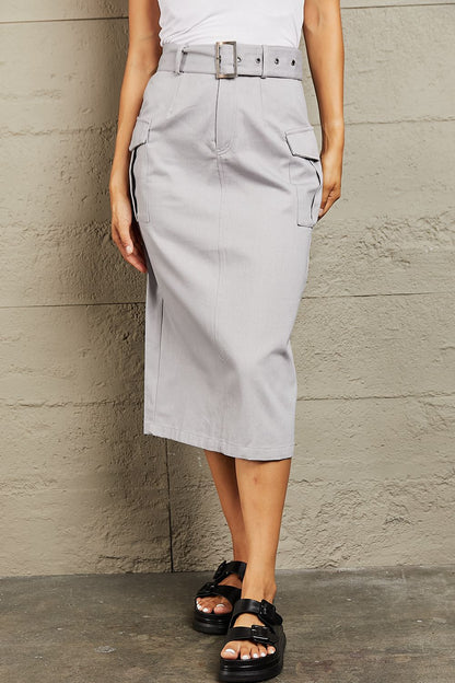 HYFVE Professional Poise Buckled Midi Skirt Light Gray