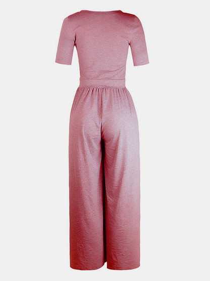 Scoop Neck Short Sleeve Jumpsuit Pink Purple