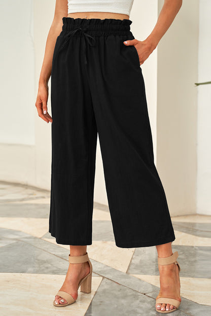 Drawstring Paperbag Waist Wide Leg Pants Black