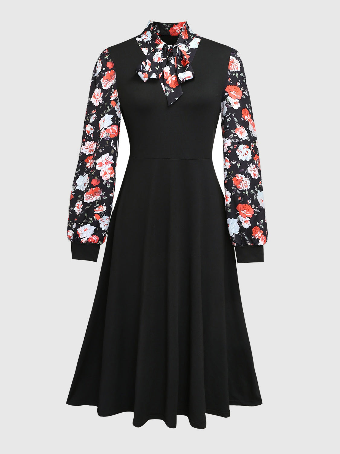 Printed Tie Neck Long Sleeve Midi Dress Black