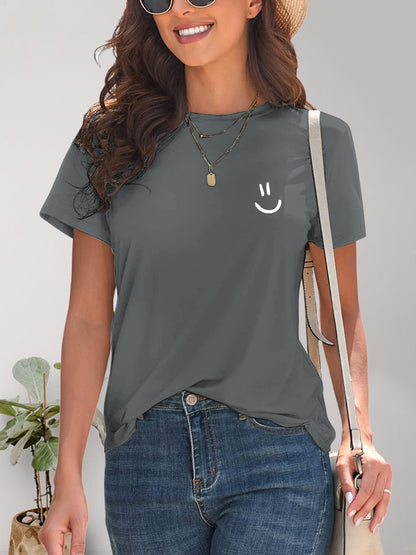 Smile Graphic Round Neck Short Sleeve T-Shirt Dark Gray