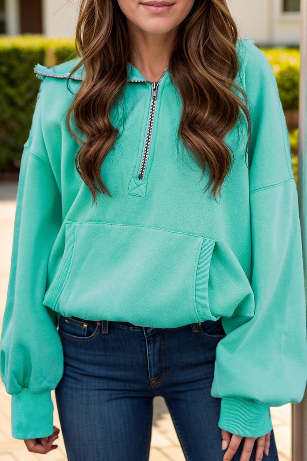 Pocketed Half Zip Long Sleeve Hoodie Turquoise