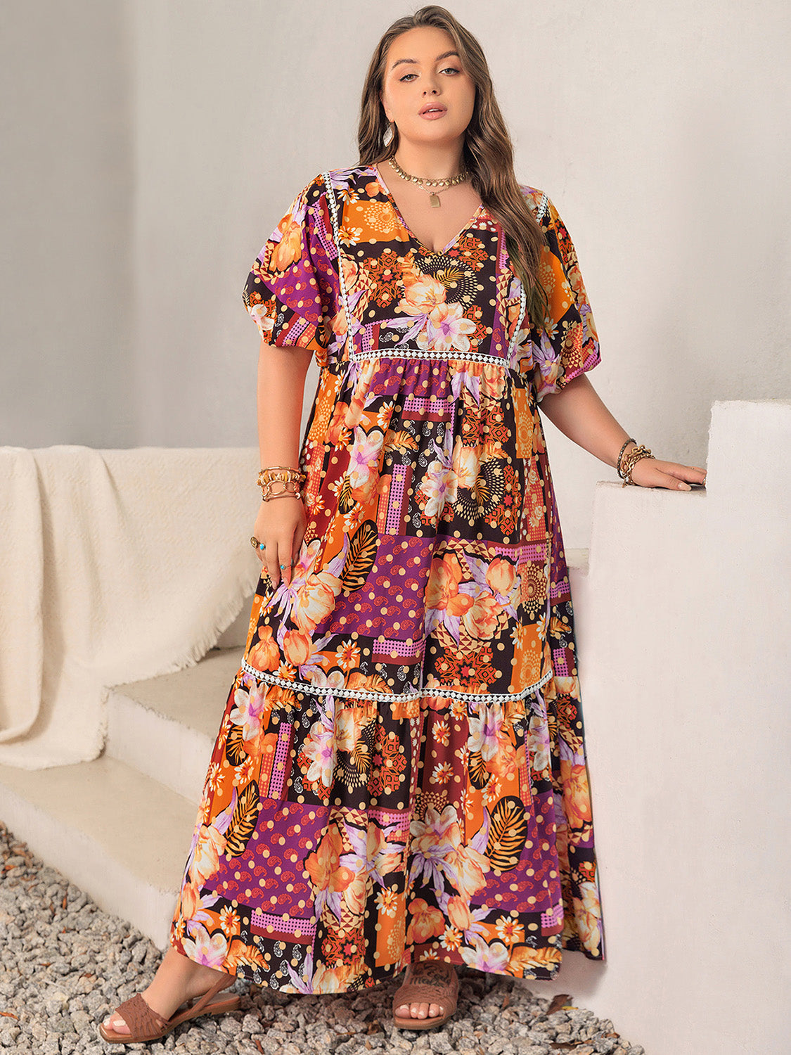 Plus Size Printed V-Neck Half Sleeve Maxi Dress - Thandynie