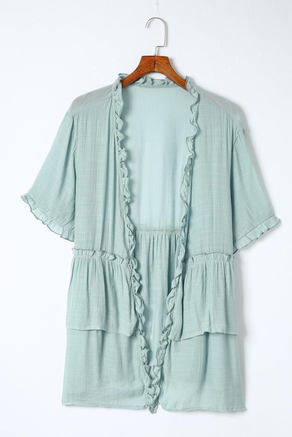 Green Ruffled Trim Half Sleeve Open Front Kimono