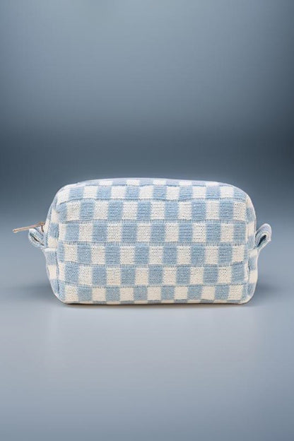 Zenana Checkered Pattern Knitted Cosmetic Pouch Blue One Size