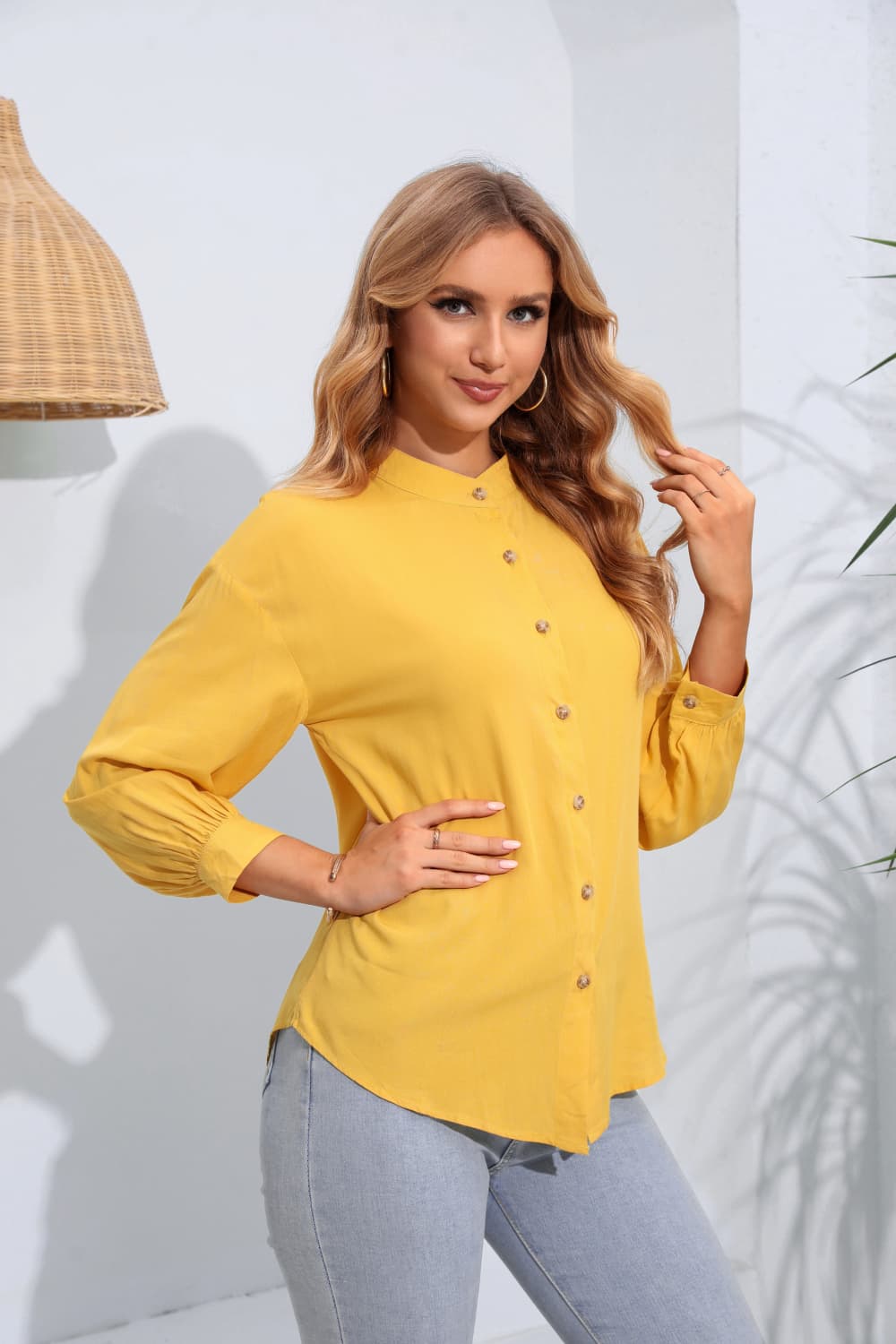 Mock Neck Buttoned Long Sleeve Shirt - Thandynie