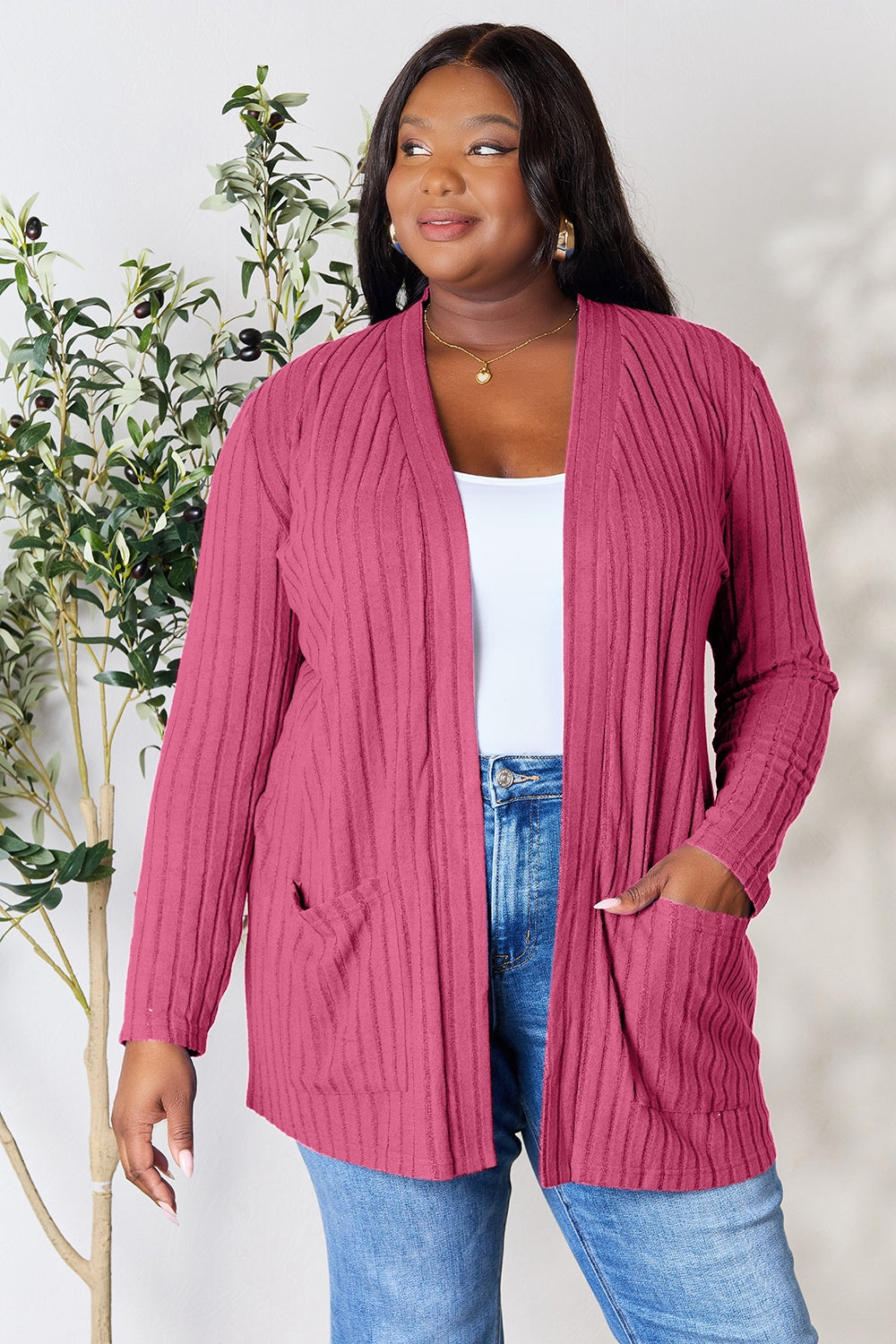 Basic Bae Full Size Ribbed Open Front Cardigan with Pockets Pink