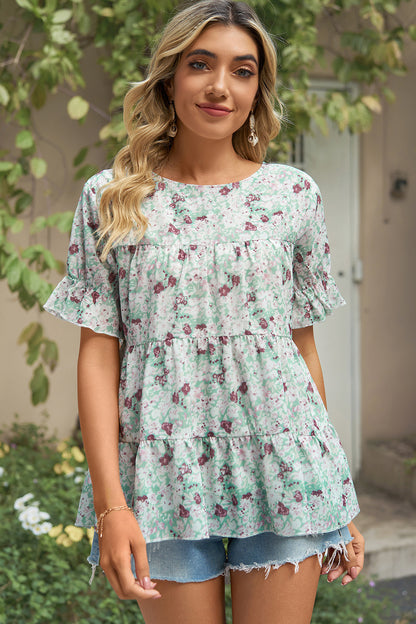 Floral Round Neck Short Sleeve T-Shirt Light Green