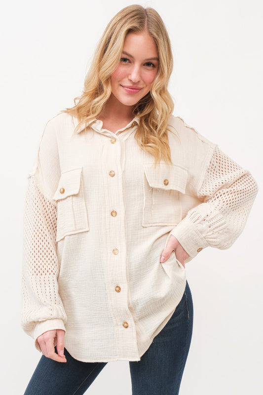 And The Why Texture Button Up Openwork Shirt Cream