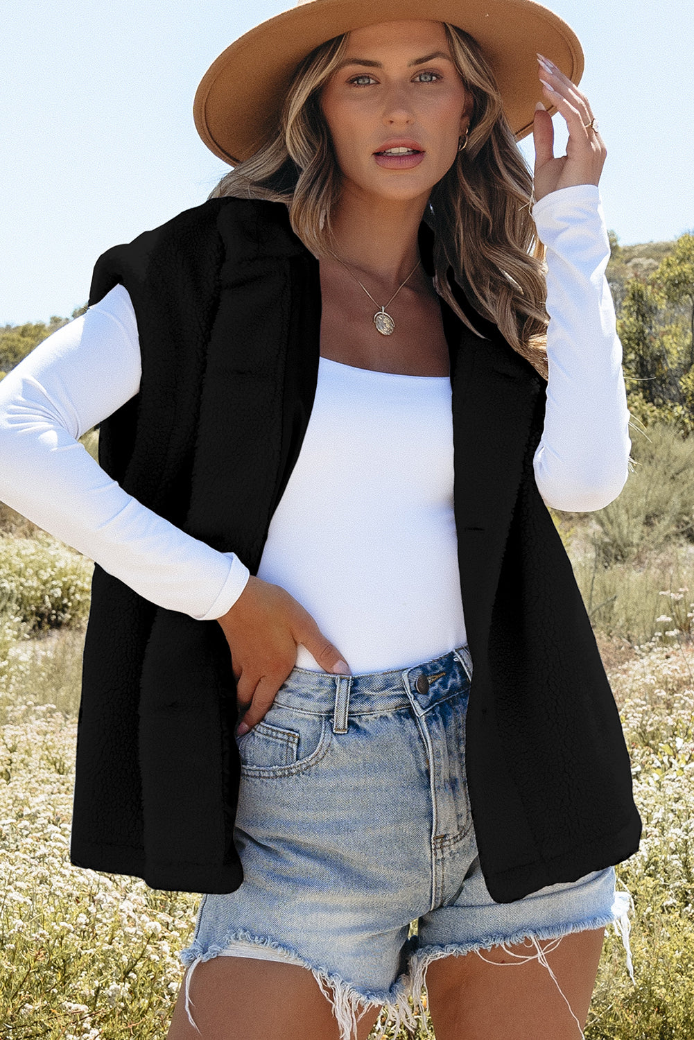 Black Sherpa Stand Collar Jacket Vest