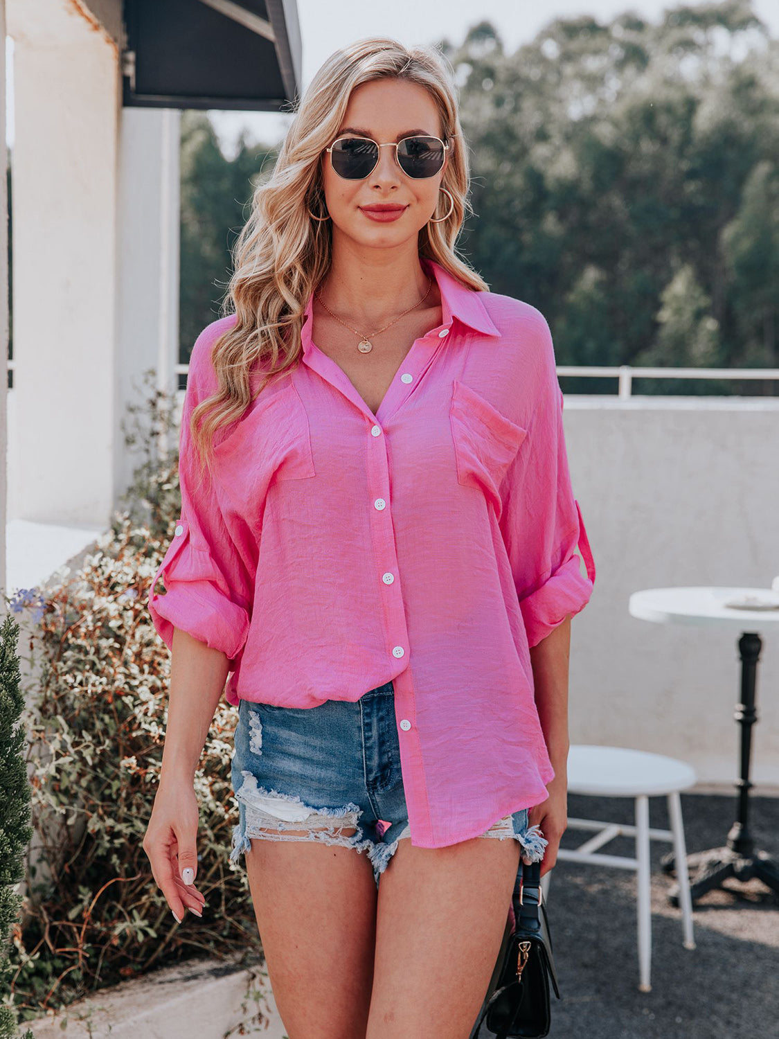 Collared Neck Button Up Shirt Hot Pink