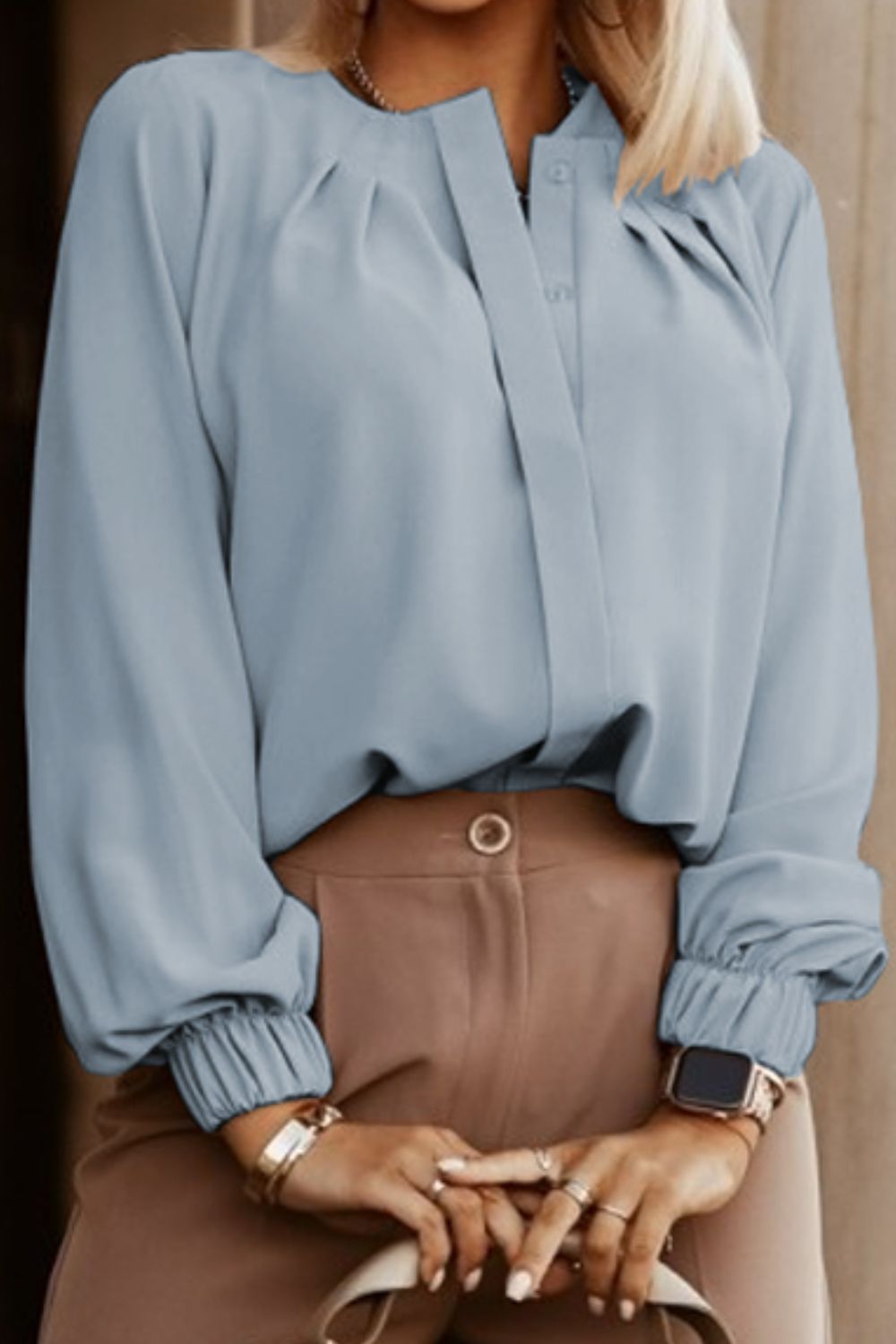 Button Up Round Neck Long Sleeve Shirt