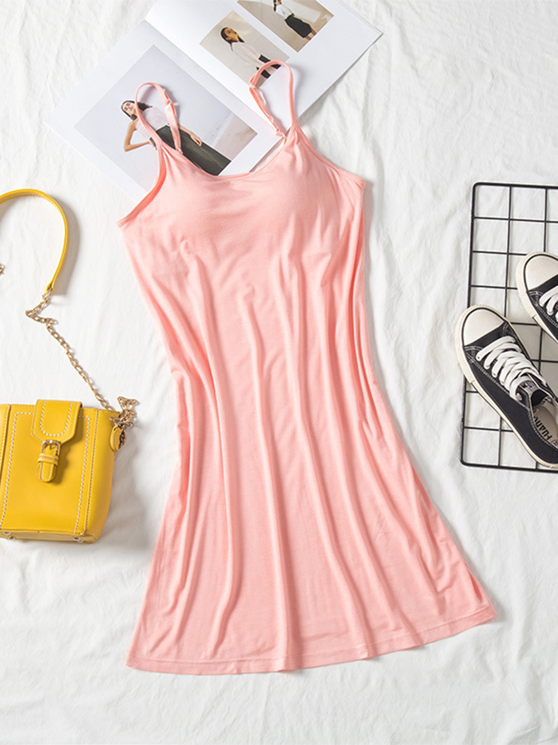 Round Neck Spaghetti Strap Cami Dress with Bra Blush Pink