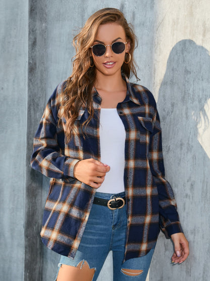 Plaid Button Up Pocketed Shirt Dark Blue