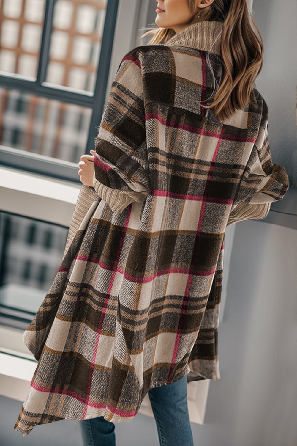 Plaid Open Front Long Sleeve Cardigan - Thandynie