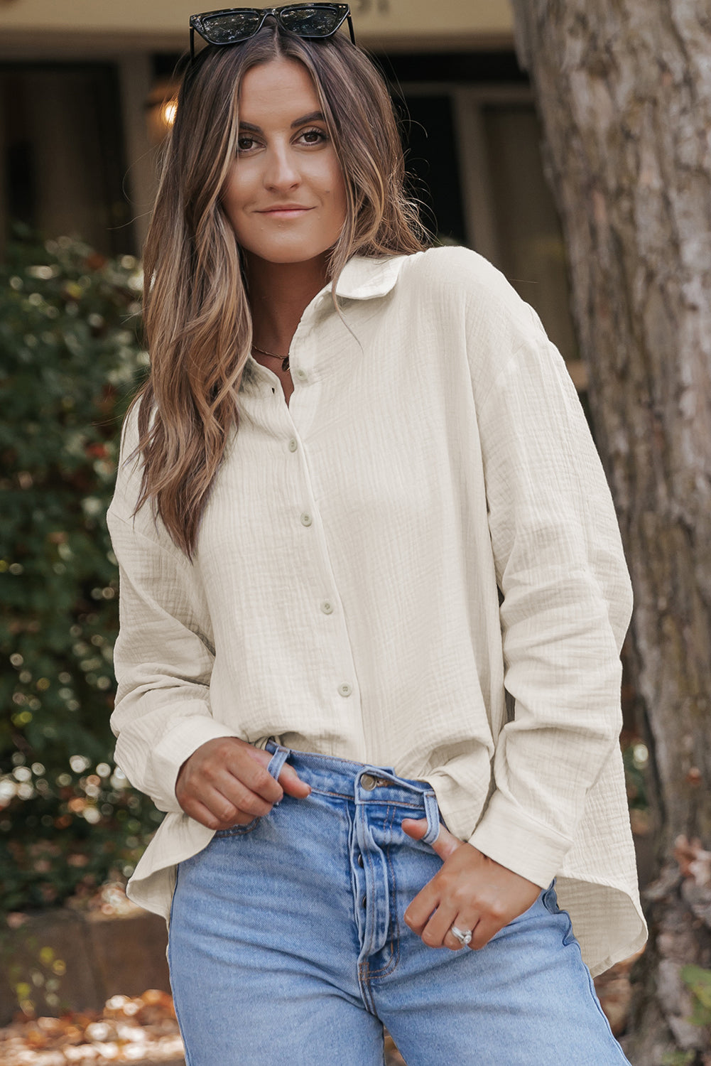 Texture Button Up Long Sleeve Shirt Ivory