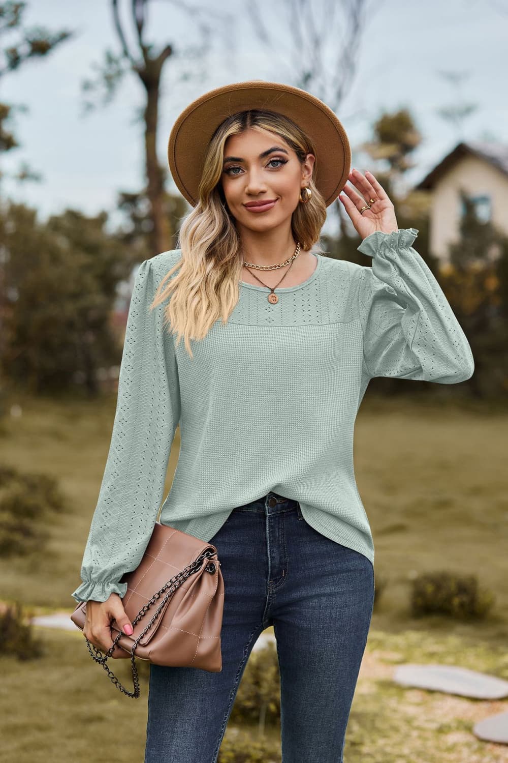 Round Neck Puff Sleeve Blouse Light Green