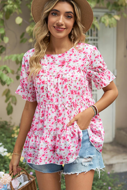 Floral Round Neck Short Sleeve T-Shirt Pink