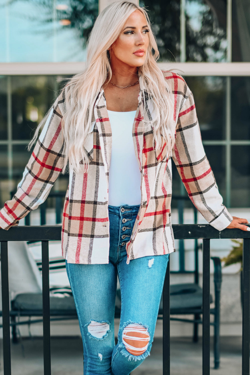 Khaki Plaid Print Buttoned Shirt Coat with Pocket