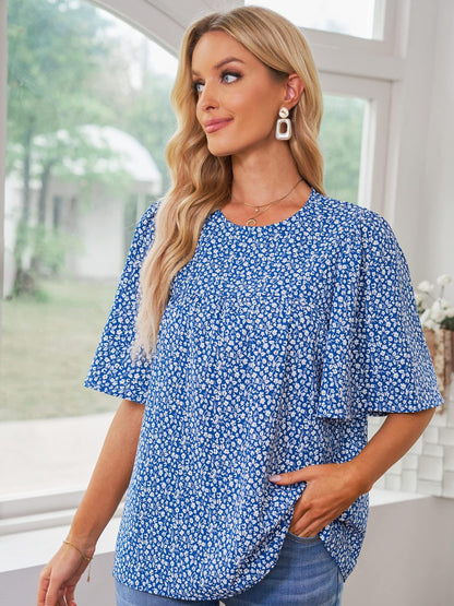 Floral Round Neck Half Sleeve Blouse Blue