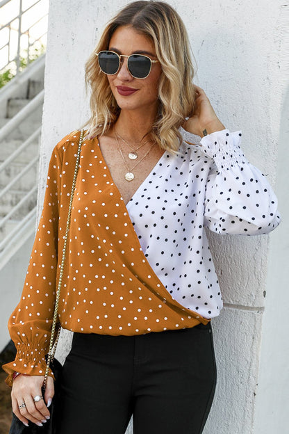 Polka Dot Surplice Neck Lantern Sleeve Blouse Tangerine