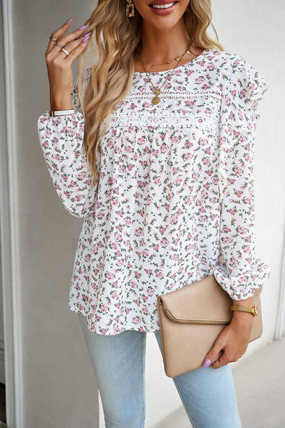 Printed Round Neck Long Sleeve Blouse White