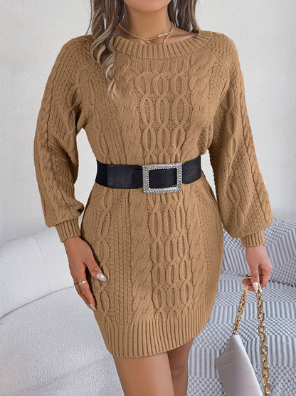 Cable-Knit Round Neck Sweater Dress Camel