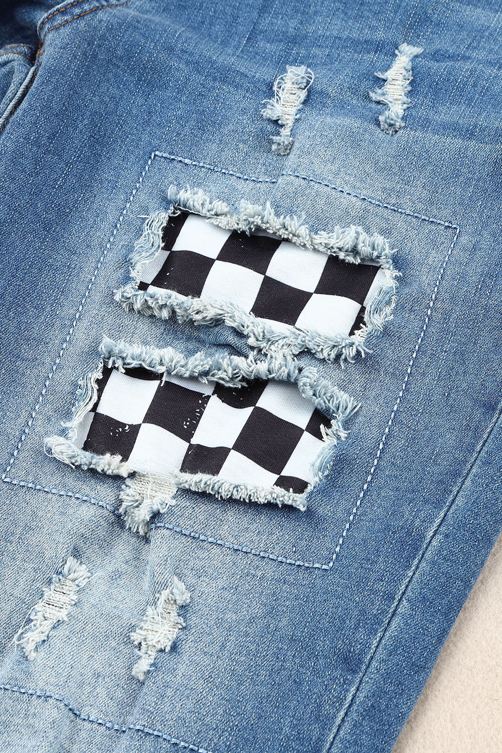 Baeful Checkered Patchwork Mid Waist Distressed Jeans