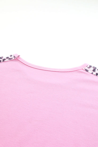 Pink Leopard Splicing Plus Size Sweatshirt with Exposed Seams