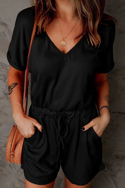 Full Size Drawstring V-Neck Short Sleeve Romper Black