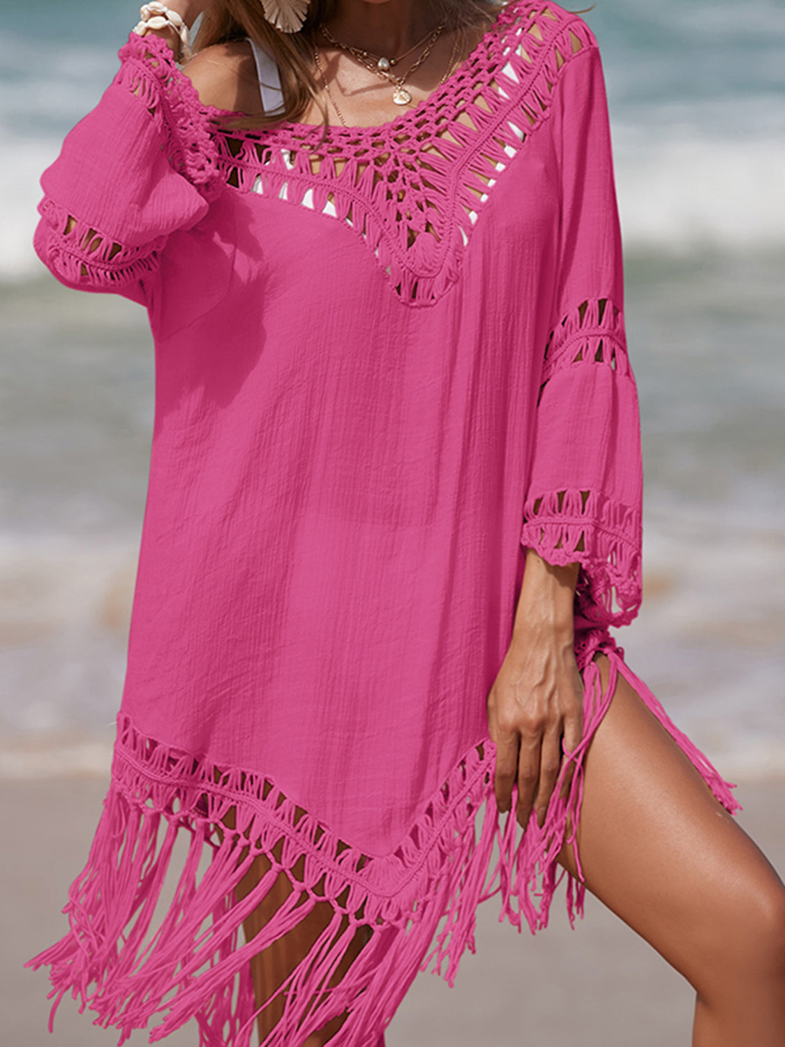 Cutout Fringe Scoop Neck Cover-Up Hot Pink One Size