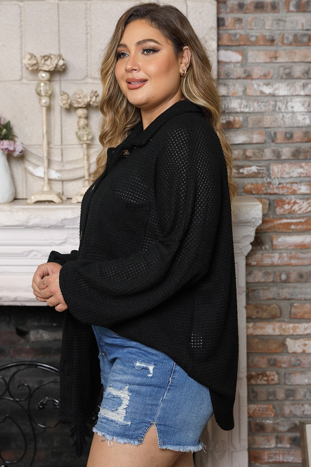 Plus Size Waffle Knit Button Up Collared Neck Shirt - Thandynie