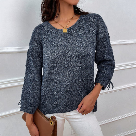 Round Neck Dropped Shoulder Sweater Dark Gray