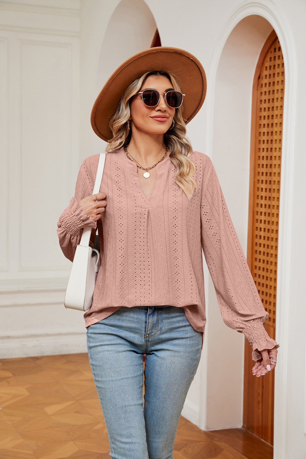 Notched Neck Flounce Sleeve Blouse Light Mauve