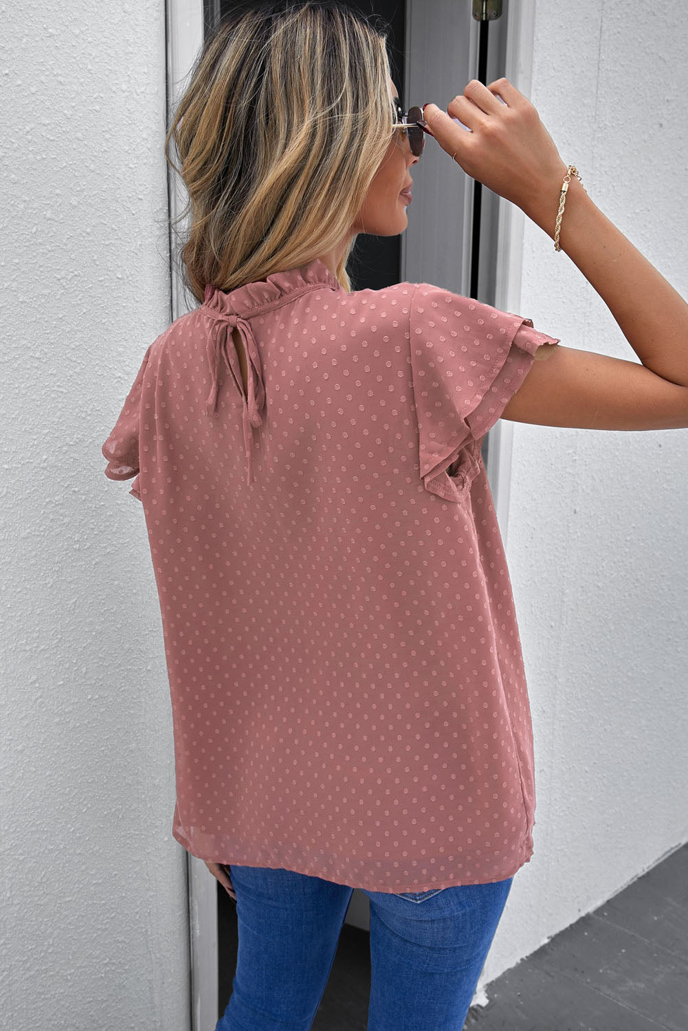 Polka Dot Smocked Flutter Sleeve Blouse