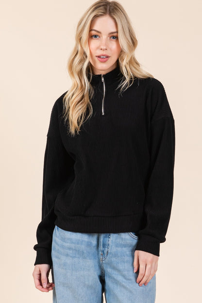 BOMBOM Quarter Zip Long Sleeve Sweatshirt with Pockets Black