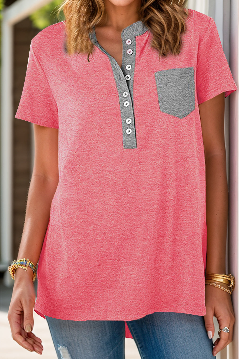 Full Size Half Button Short Sleeve T-Shirt | Casual Comfort with Pocket & Button Detail